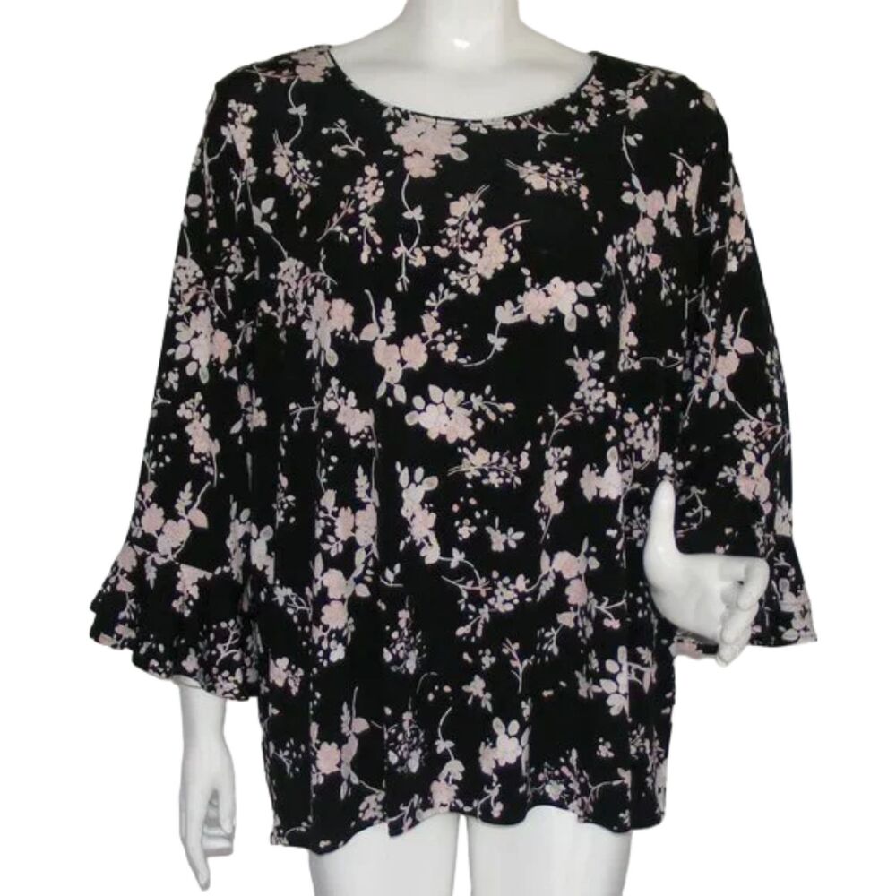 KARL LAGERFELD Top, 2X, Black Floral, 3/4 Bell Sleeve, Ruffled cuff, Wide neck